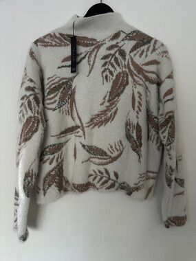 New Tahari Cream Turtleneck Sweater with Taupe & Olive Leaf Motif
